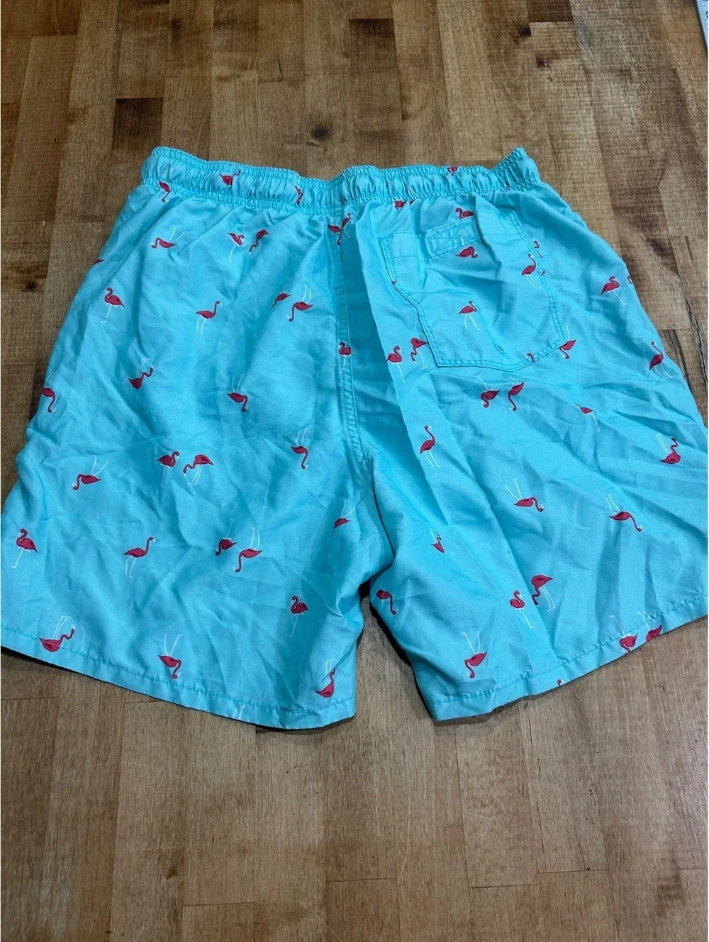 Old Navy Men's Medium Flamingo Print Swim Trunks Aqua Blue
